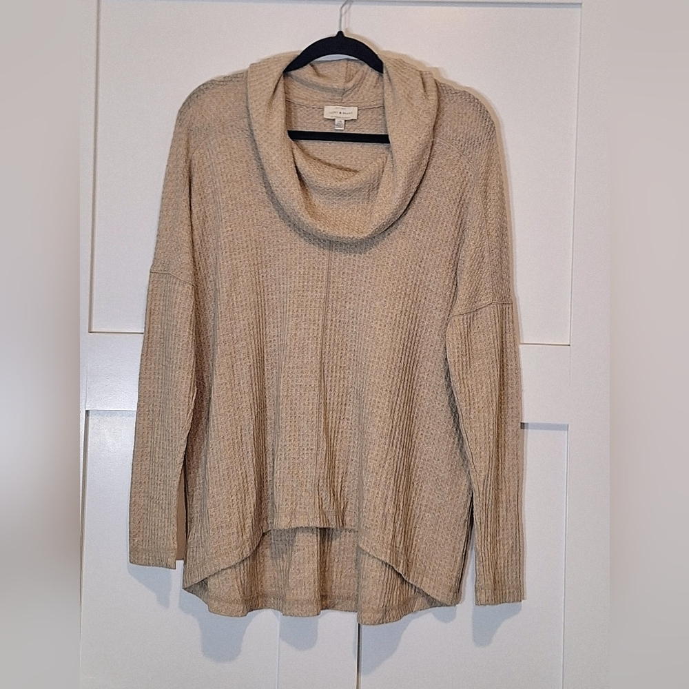 Lucky Brand Waffle Knit Cowl Neck Lightweight Tan Pullover Top Sz Large Cotton